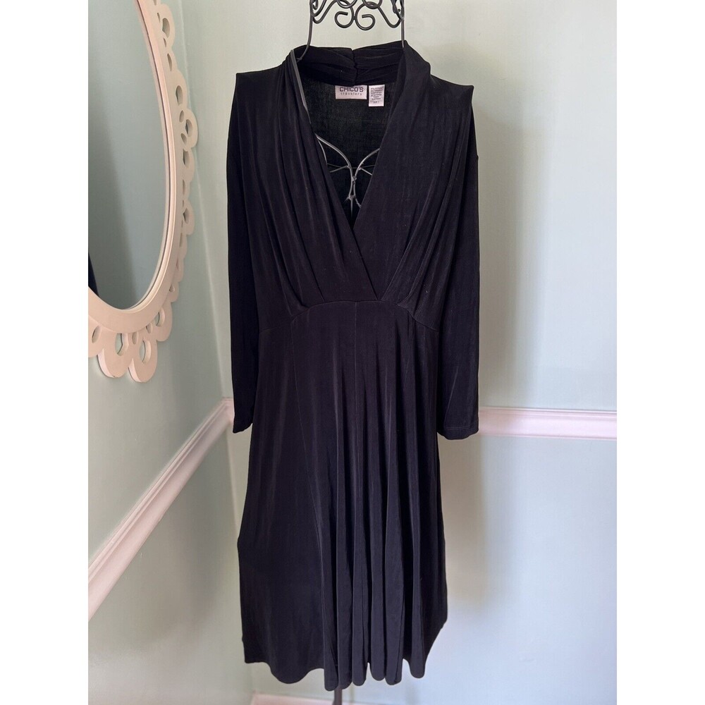 Chicos Travelers 1 Faux Wrap 3/4 Sleeve Dress Womens Small Black V-Neck Stretch